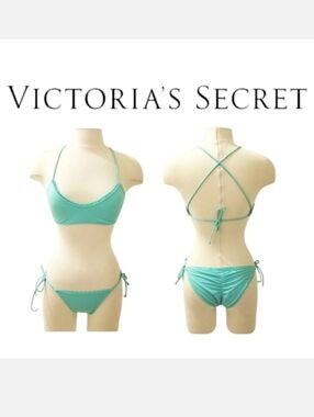 Victoria's Secret Lt Teal Scalloped Edge String Bikini Set  M/TOP XS/BOTTOM